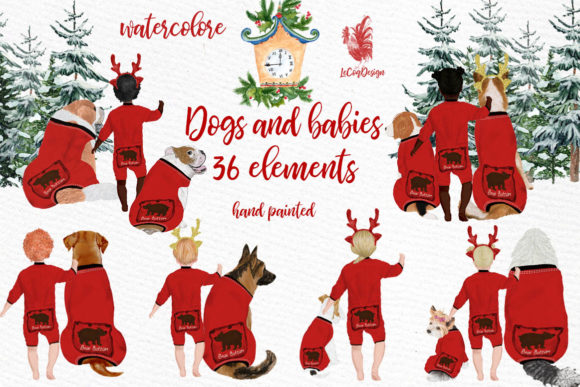 Christmas Babies Dogs Clipart Illustrations
